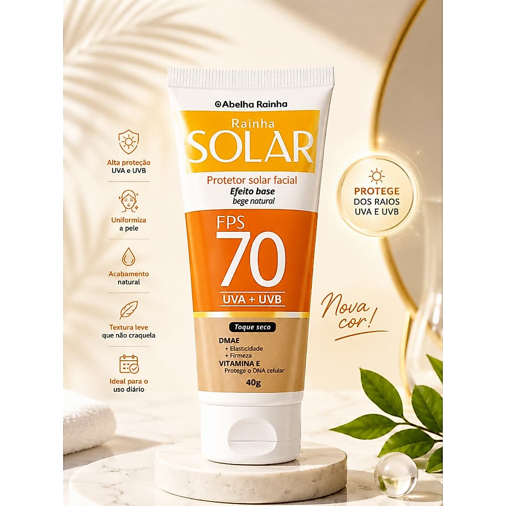 Protetor Solar Facial Cor De Base Bege Natural FPS 70 Rainha Solar Abelha Rainha