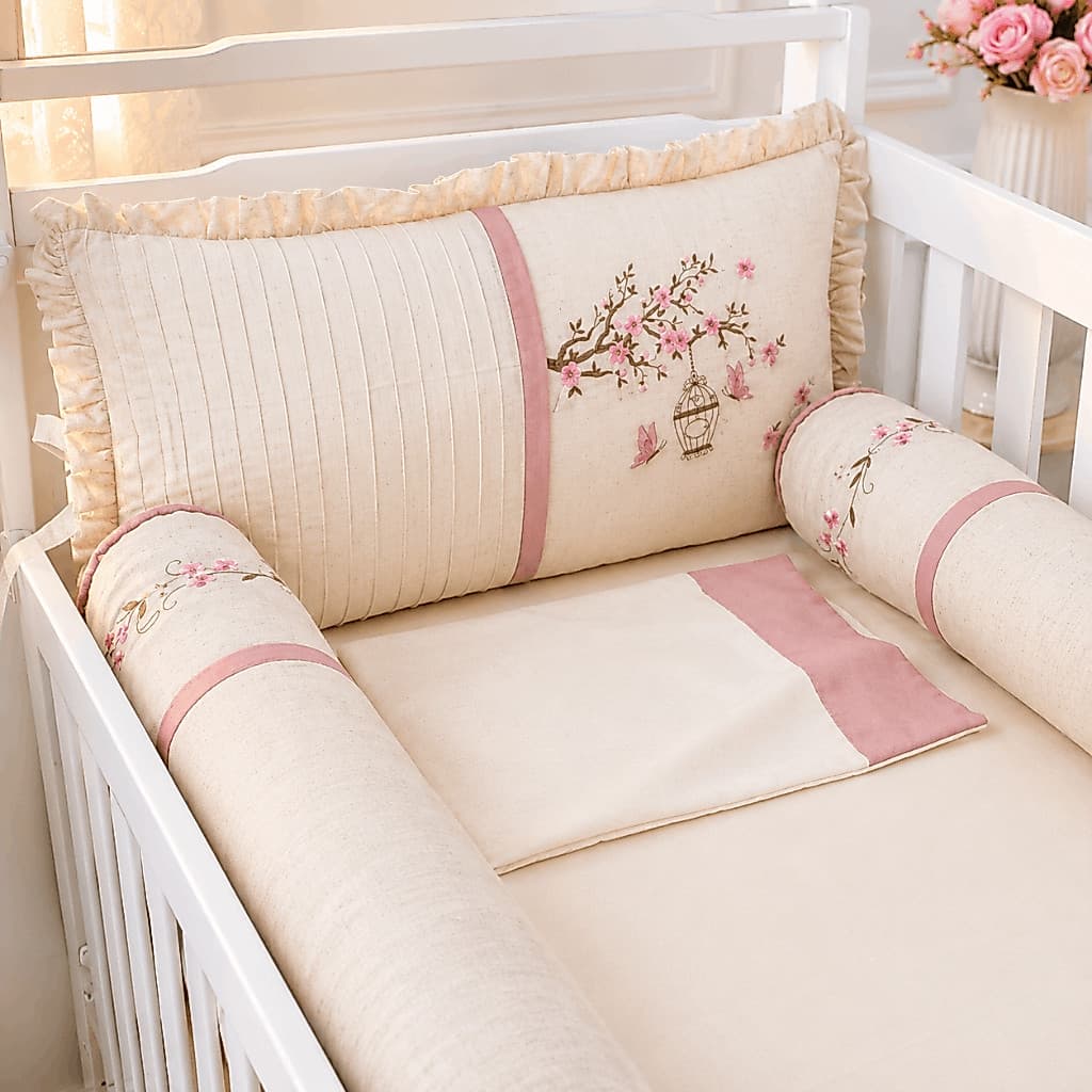 Kit Berço Americano Linho Luxo Rose Flores Jardim 100% Algodão Menina Bordado Enxoval de Bebê