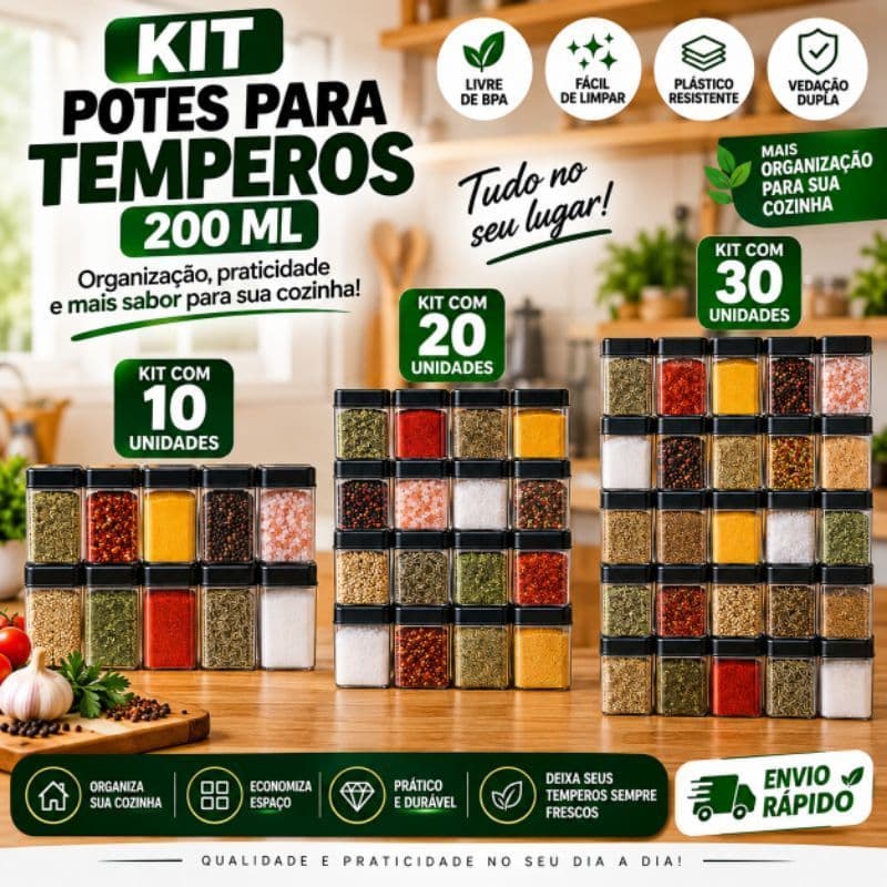 Potes para Temperos 200ml Kit 10 20 30 Unidades Porta Condimentos Organizador Cozinha Tampa Vedação Dupla