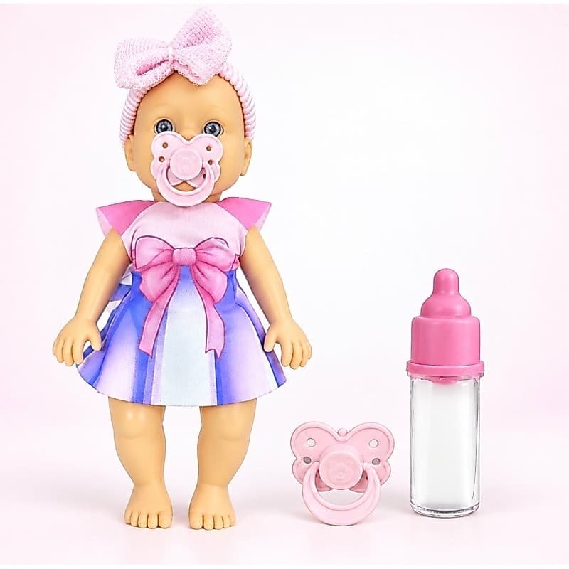 Boneca Bebê 29 cm com Mamadeira Mágica e Chupeta Vestido Colorido Brinquedo Faz de Conta