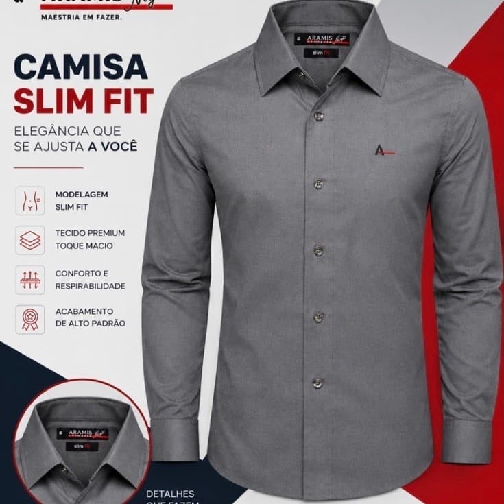 Camisa Social Manga Longa Slim Fit Ar@mis Masculina Lisa clássica slim fit