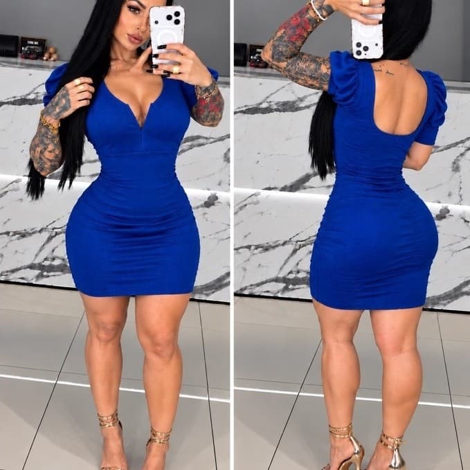 Vestido Feminino com Aro em V com Manga Casual Elegante Decote Colado Muita Lycra Princesa