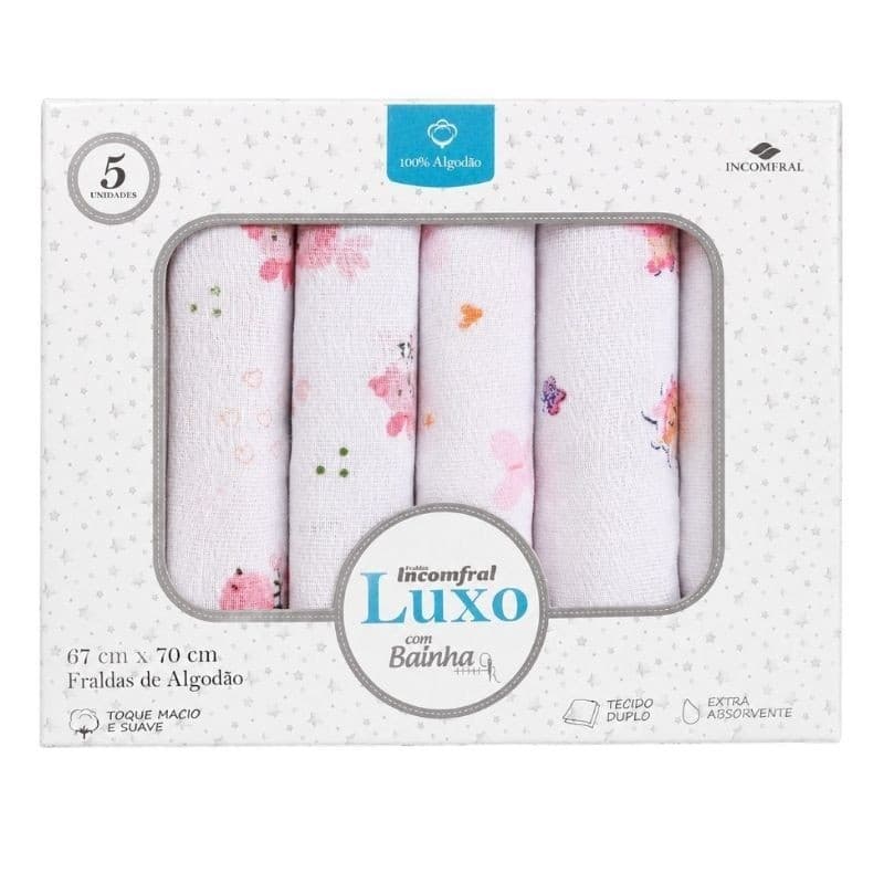 Kit 5 Fralda pano Luxo  Com Bainha bebê Caixa Pano Boca babete Recém nascido maternidade enxoval neném presente berço RN