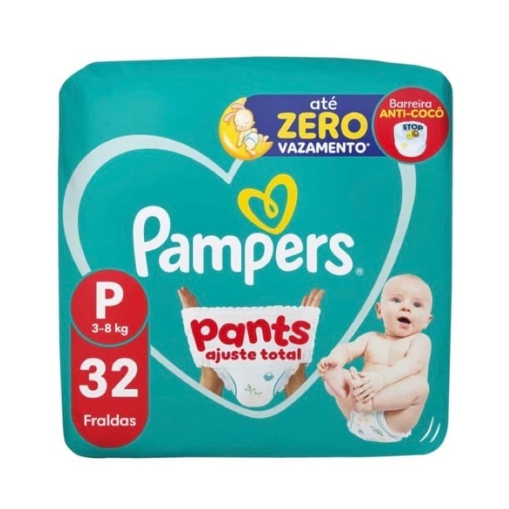 Fraldas Pampers Pants Ajuste Total P 3-8 kg 32 Unidades Barreira Anti-Cocô