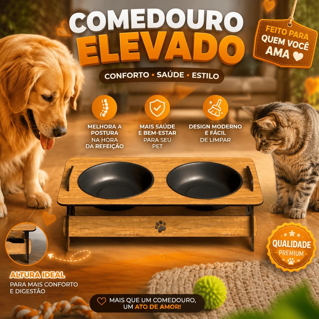 Bebedouro em MDF Comedouro Para Pet Gato Cachorro Ração Elevado