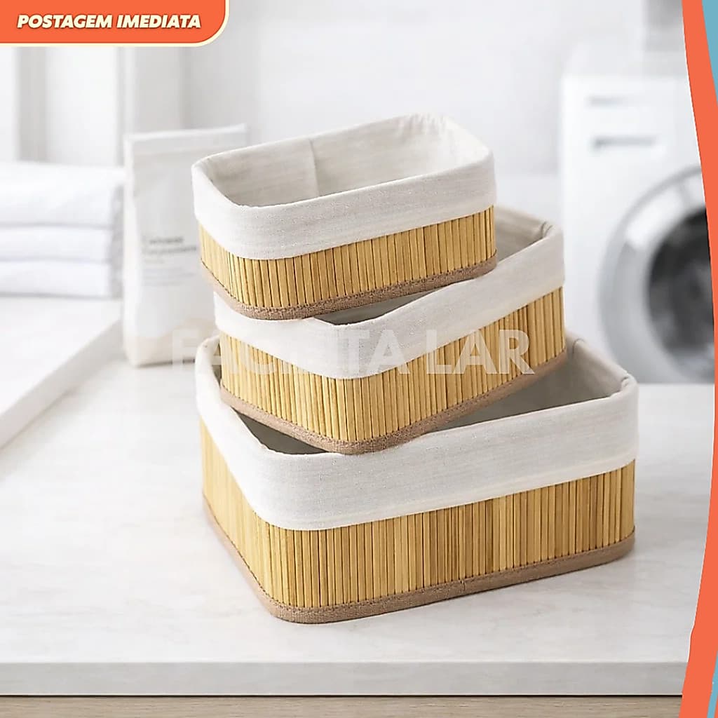 Conjunto 3 Cestos Organizadores de Bambu Premium Multiuso Lavanderia Banheiro Cozinha