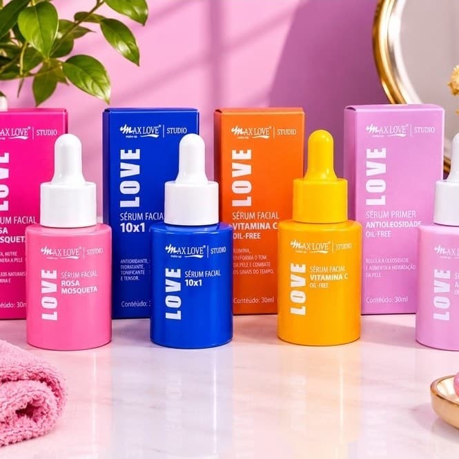 Sérum Facial Max Love Love 30ml – Rosa Mosqueta, Vitamina C, 10x1 ou Antioleosidade