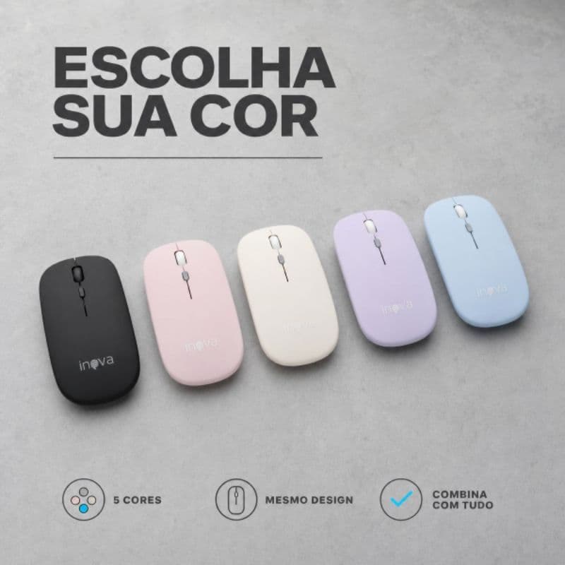Mouse Sem Fio Inova Recarregavel Silencioso 2.4GHz Slim colorido