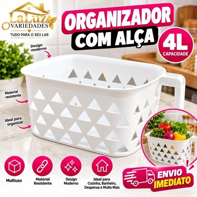 Organizador Multiuso com Alça 4L – Cesto Plástico para Cozinha, Banheiro e Casa