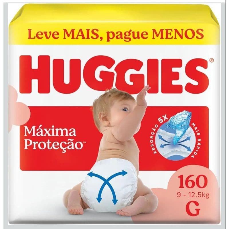 Fraldas Huggies Máxima Proteção Tamanho G 160 Unidades 9-12.5kg Absorção 5X Mais Rápida