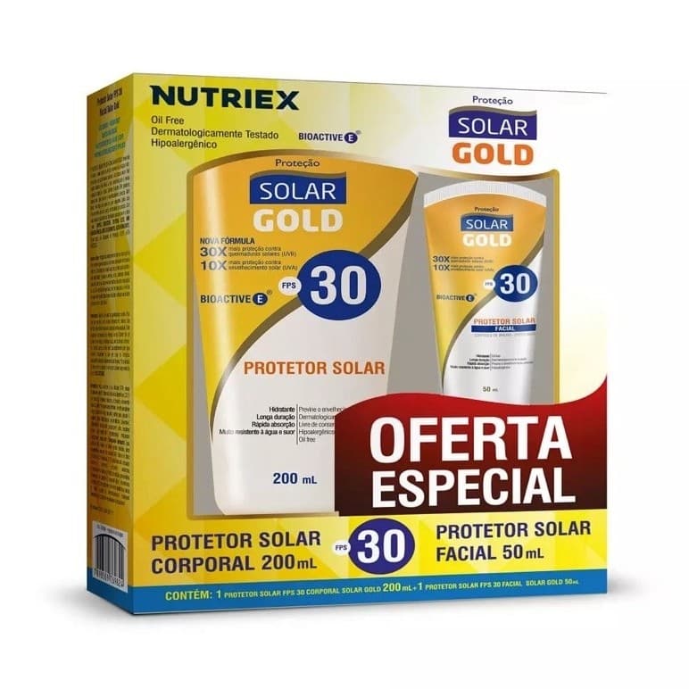 Kit Protetor Solar Nutriex Solar Gold FPS 30 Corporal 200ml + Protetor Facial 50ml (DATA DE VALIDADE DEZEMBRO 2026)