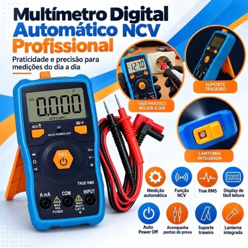 Multímetro Digital Profissional Multimetro Digital Automatico True RMS CAT III com NCV