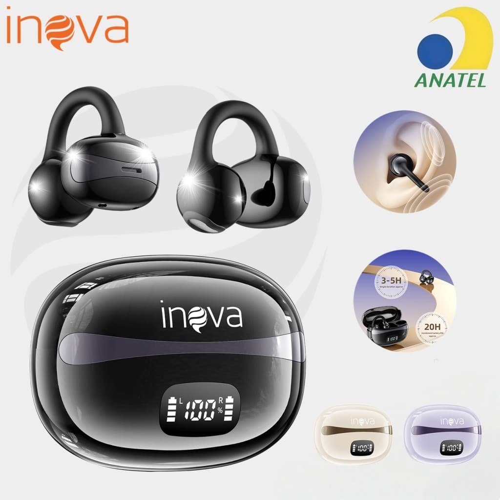 INOVA Fone Bluetooth Clip Ear Sem Fio com Microfone | Cancelamento de Ruído, Esportes e Jogos