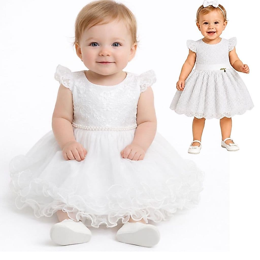 Vestido De Bebê 0 Meses até 4 Anos Menina Branco Batizado Saia Tule Manga curta Cinto Perolas Renda