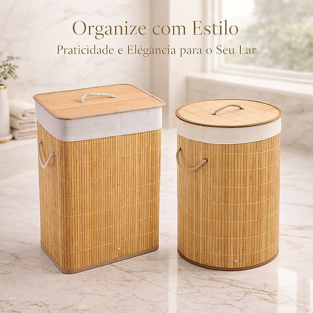 Cesto De Roupa de Bambu Dobravel Organizador 72 Litros Forrado Banheiro 60cm Grande Cesto Retangular