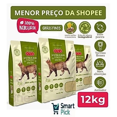OFERTA 12KG Areia Sanitária Higiênica Biodegradável Grãos finos de Milho e Mandioca para Gatos 100% Natural  KADI