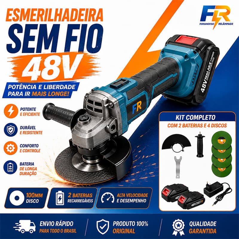Esmerilhadeira Angular Sem Fio 48V 100mm Portátil com 2 Baterias + 4 Discos para Reformas e Serralheria