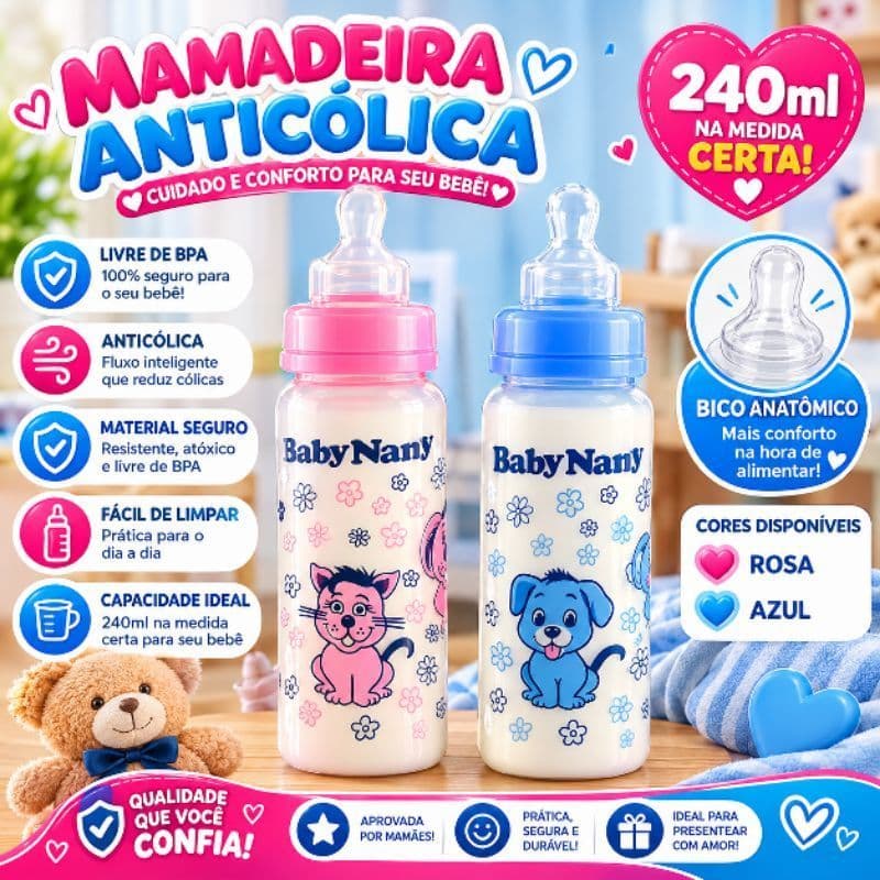 🍼💙🩷 MAMADEIRA ANTICÓLICA BABY NANY 240ML ✨ CUIDADO E CONFORTO PARA O SEU BEBÊ! 👶💕