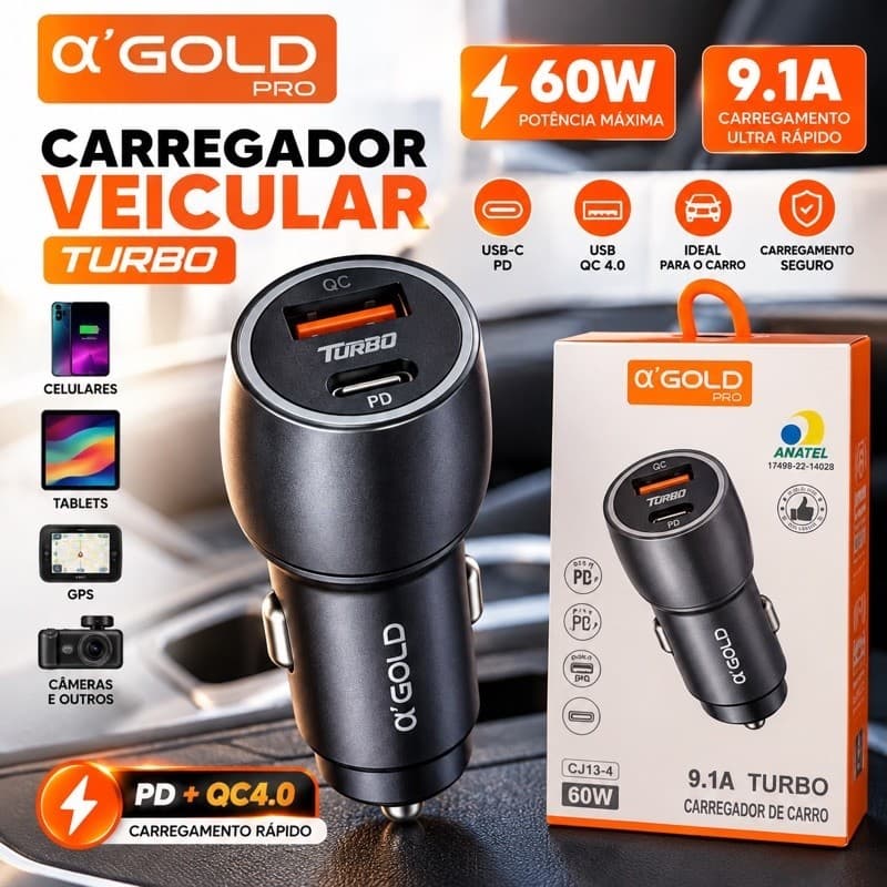 Carregador Veicular Turbo 60W A"GOLD - Carregamento Rápido com LED e Compatibilidade Universal