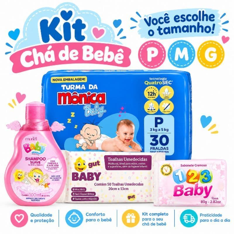 Kit Chá de Bebê Presente Fralda Turma da Mônica + lenço + shampoo + sabonete Menina Rosa