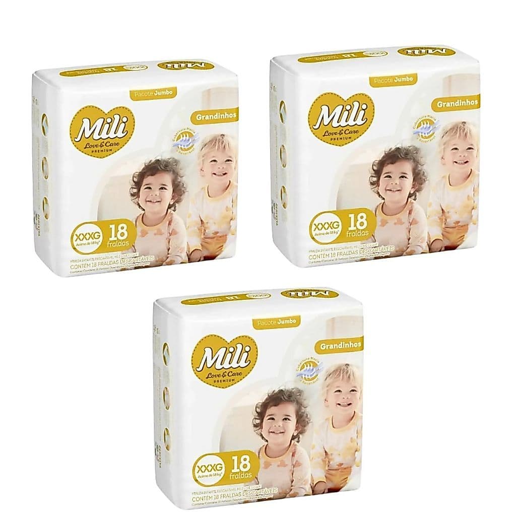 Kit Fralda Mili Love & Care Premium Grandinhos Tamanho XXXG com 54 Unidades - 3 Pacotes