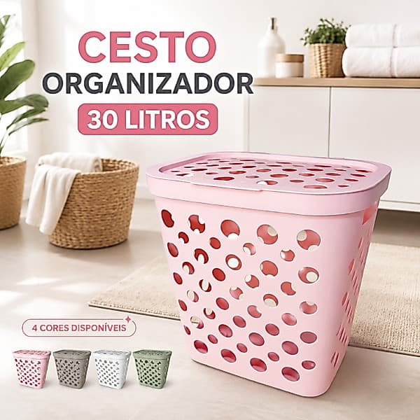 Cesto Organizador Telado 30 Litros Com Tampa Multiuso Lavanderia Banheiro Quarto