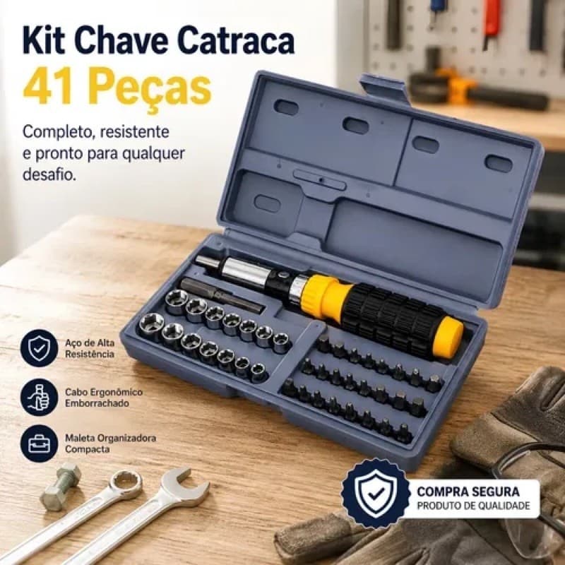 Kit Jogo Chave Catraca Reversível Articulada 41 Peças B-Tek BT-615 Bits e Soquetes Profissional