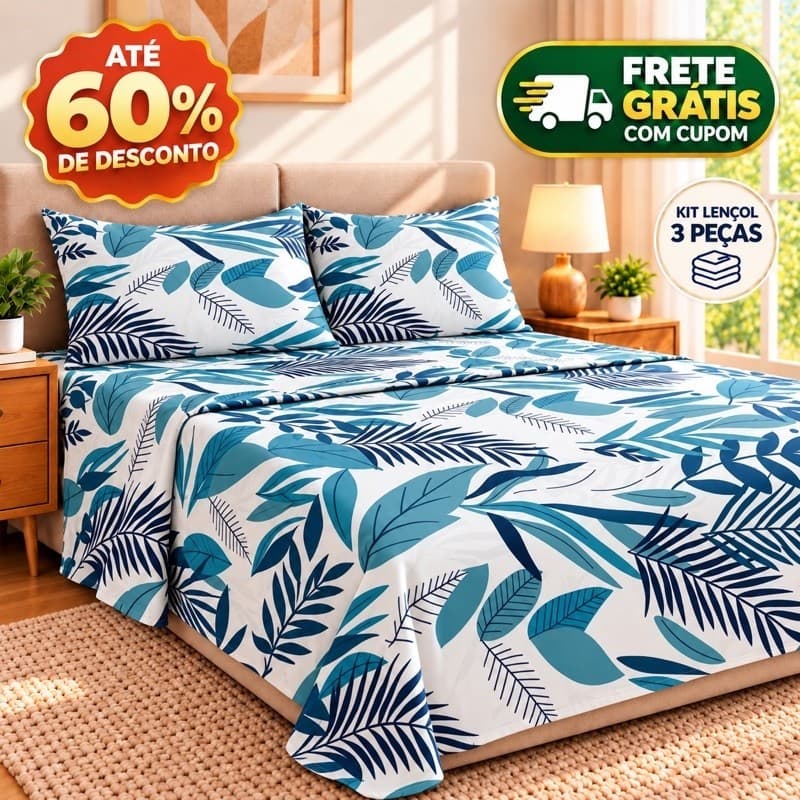 Jogo de Lençol Cama Casal Queen Estampado 3pç S/Elástico Micropercal 500 Fios Toque Macio de Algodão