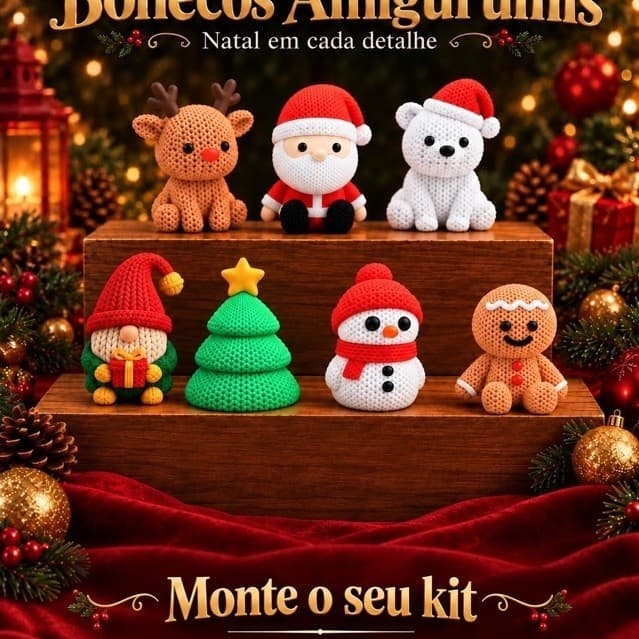 Kit Enfeites de Natal Amigurumi 3D Efeito Crochê – Monte Seu Kit Personalizado com Papai Noel, Rena e Boneco de Neve 🎄🎅🏻