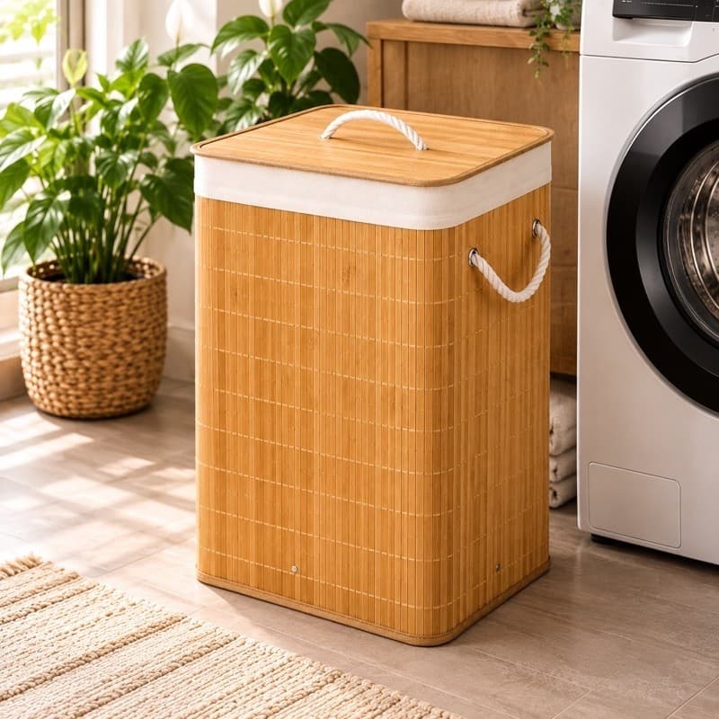 Cesto de Roupa Suja Bambu 50 Litros com Tampa e Alças de Corda Organizador para Lavanderia Banheiro Quarto