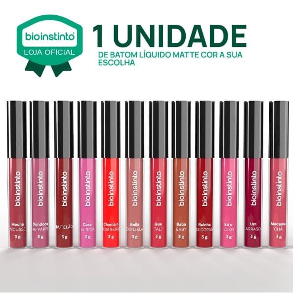 Batom Líquido Matte Bio Instinto 3g Alta Fixação Longa Duração Secagem Rápida