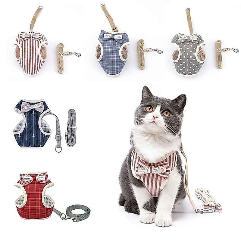 Conjunto de Coleira e Guia para Gato com Laço, Coleira Ajustável para Cachorro e Filhote, Colete de Nylon com Malha, Ace