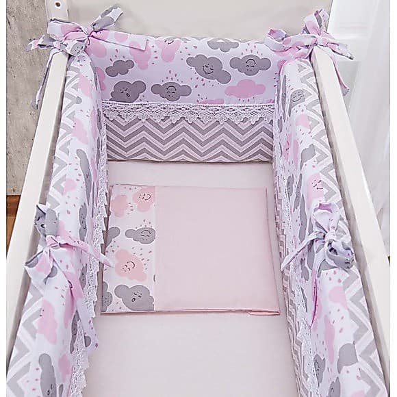 Protetor Para Mini Berço de Bebê Rosa e cinza Chuva de Amor 3pçs Kit para Mini Berço bebe menina Nuvens Rosa e Cinza