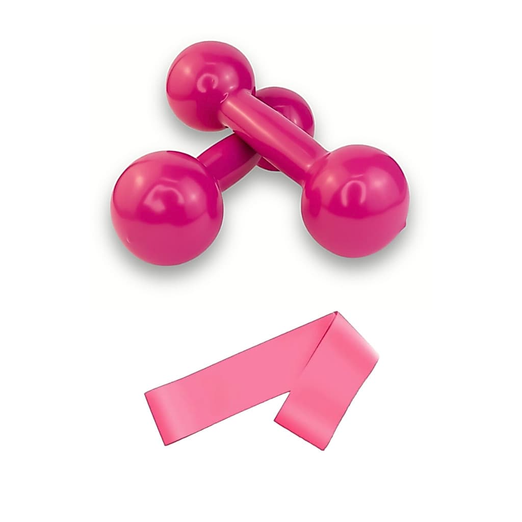Par Halter Peso Emborrachado 2 Kg Rosa Academia Musculação Funcional + Elástico Treino
