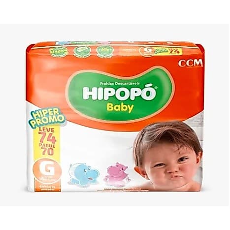 Fralda Descartável Hipopó Baby Pacote Hiper G 74 Unidades Até 10h Absorção Hipoalergênica Antiassadura Atacado