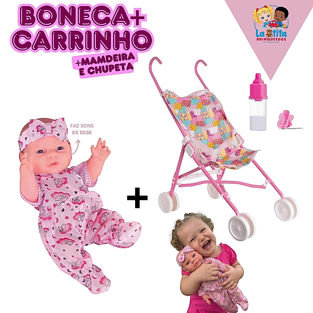 Boneca Com Chupeta Pepita Com Mamadeira Com Sons De Bebê Com Carrinho Milk Fofa Que Fala Kit Medica