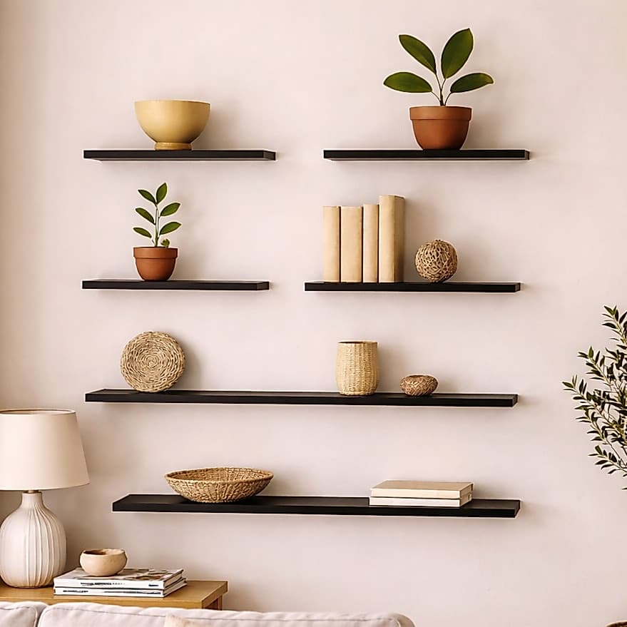 Kit 6 Prateleiras Decorativas Coloridas MDF 60cm e 25cm Verde Cinza Bege com Suporte L de Parede Sala Quarto