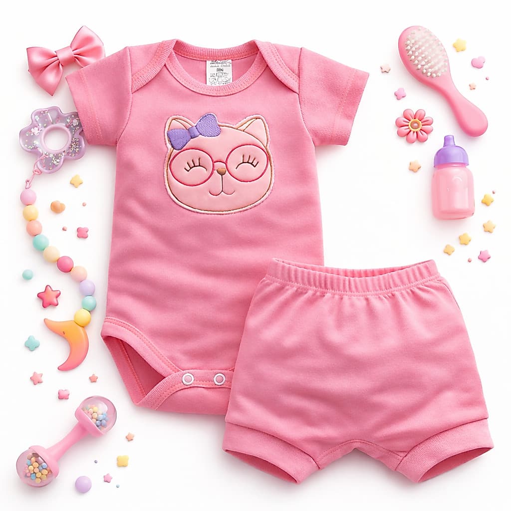 Conjunto Bebê Menina com Bory e Tapa Fraldas tecido canelado macio e confortável