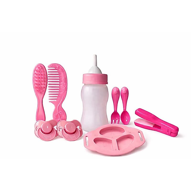 Kit acessorios para Boneca /9 itens / Mamadeira 2 Chupeta, Pratinho, Talheres e Escova e chapinha –Brinquedo Infantil