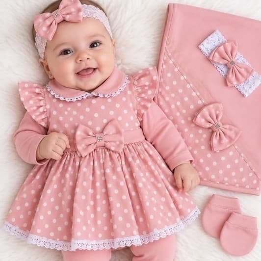 Saida De Maternidade Bebê Menina Manu Rosa Bolinhas 100% Algodão - 5 Peças | Diversas Modelos Lindos