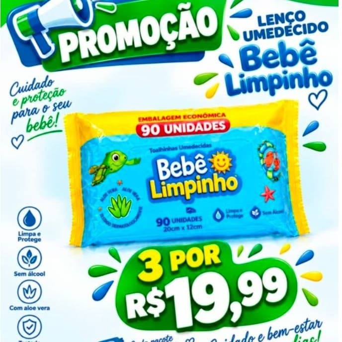 Lenço Umedecido Bebê Limpinho – 140 Unidades 🧸💙Ideal para a higiene e os cuidados diários do bebê!