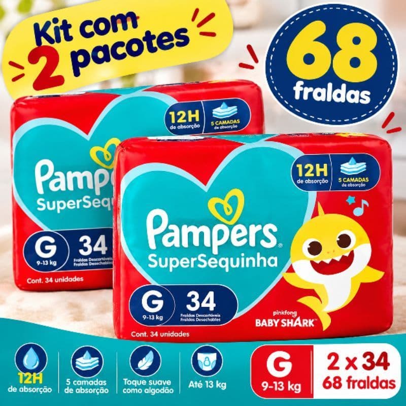 Kit 2 Pacotes Fralda Pampers Supersequinha Baby Shark G – 68 Unidades (34 Cada)