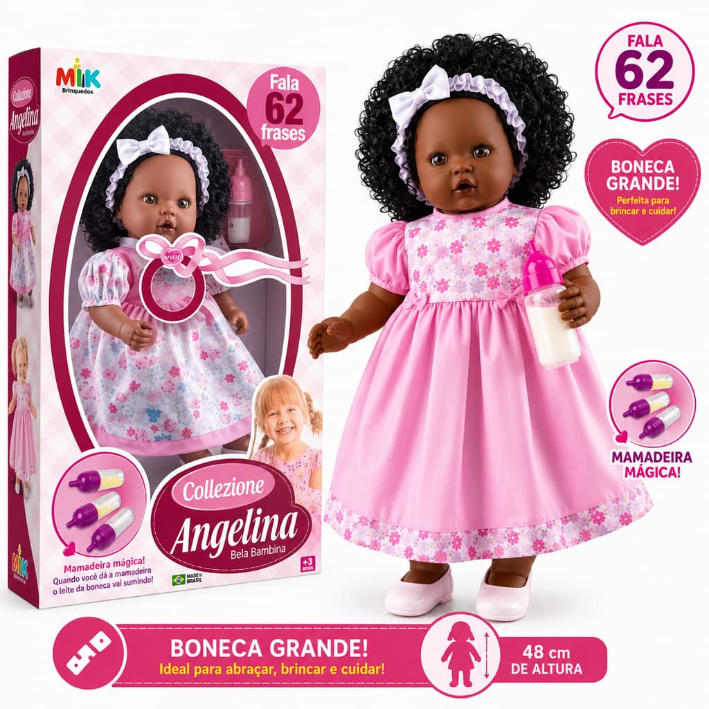 Boneca Negra Angelina Fala 62 Frases + Mamadeira Mágica Brinquedo Menina - Envio Imediato -