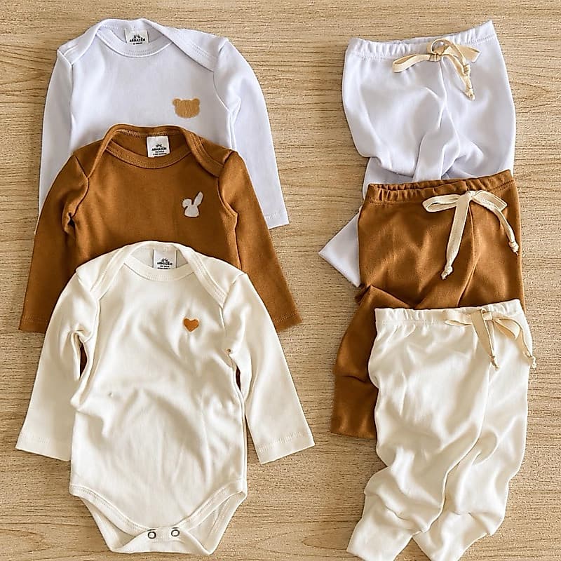Kit  6 peças Body Manga Longa e Mijão 100% Algodão Kit  Enxoval Bebê Menino Menina Minimalista
