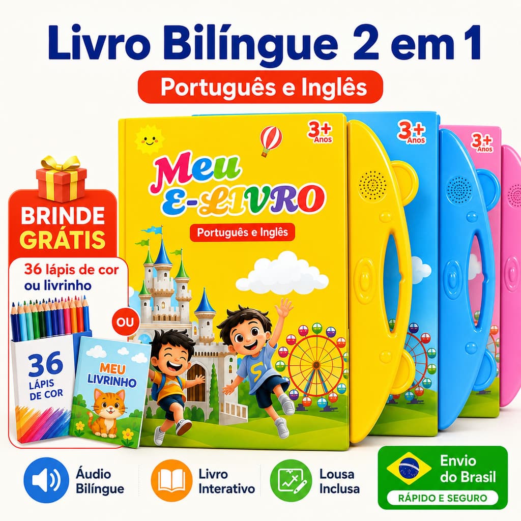 Livro Infantil Interativo com Som Bilíngue Português-Inglês Brinquedo Educativo 2 em 1 Lousa Mágica