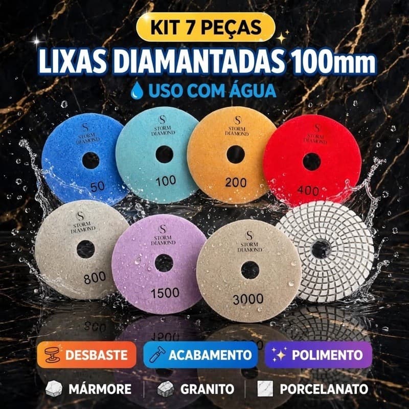 Kit Completo 7 Lixa Premium Diamantada Desbaste Acabamento Polimento Porcelanato Mármore Granito