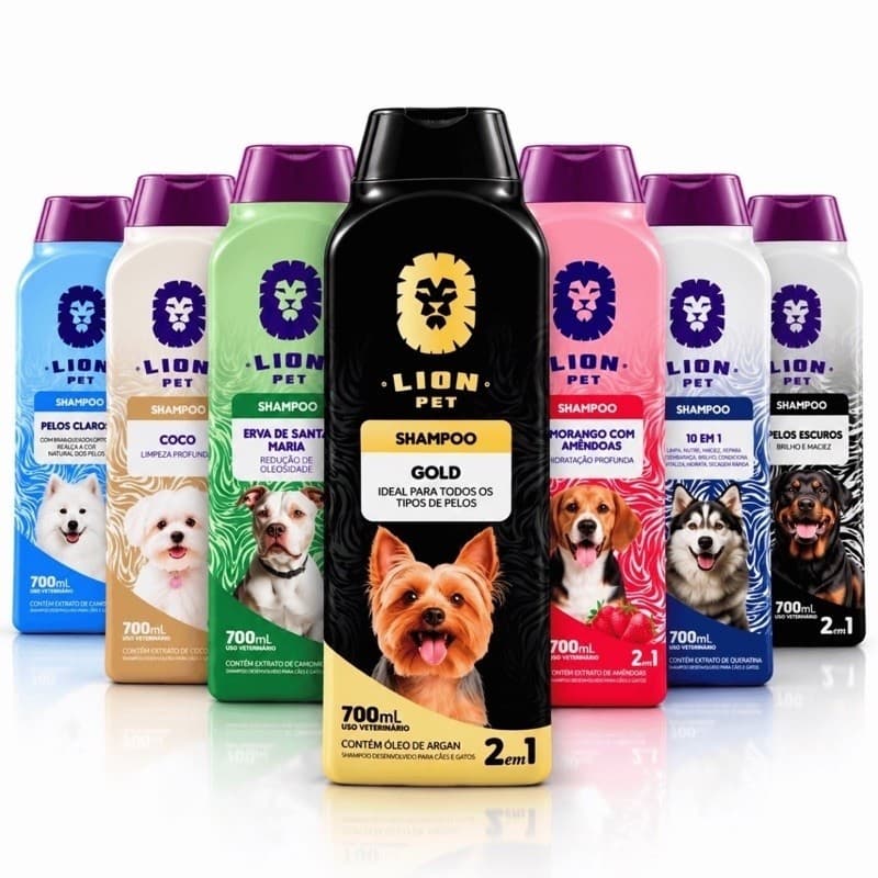 Shampoo Pet 2 em 1 para Cachorro e Gato Lion Pet 700ml com alô Lion Pet Condicionador Hidratação Profunda Pelos Macios