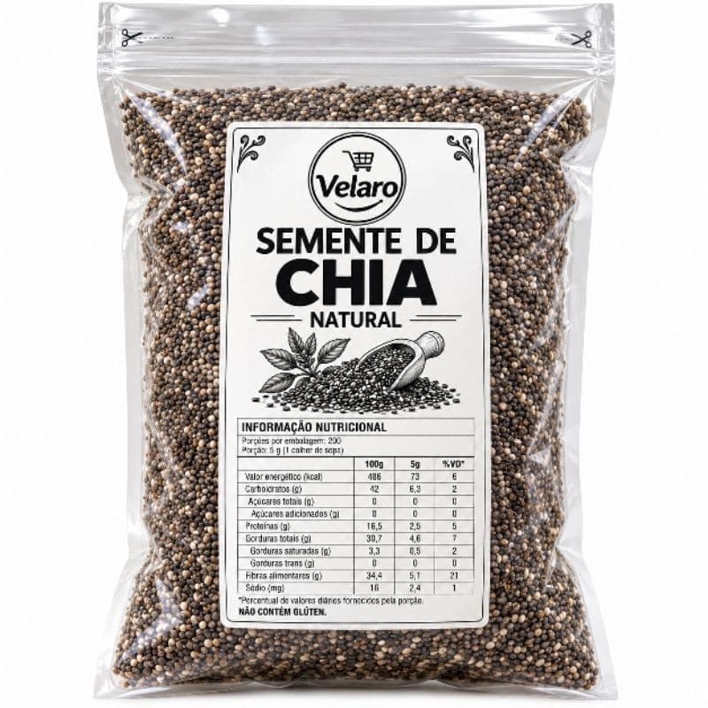 Semente de Chia Natural 500g, 1kg Sem Glúten Vegana Grãos Inteiros Rica em Fibras Ômega 3 Proteínas Alimentação Saudável