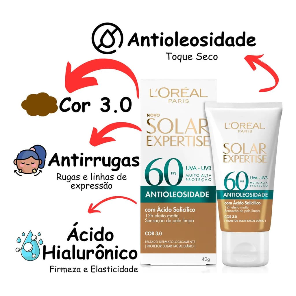 Protetor Solar Loreal Paris Fps 60 Antioleosidade Cor 3.0 Toque Seco Ácido Salicílico