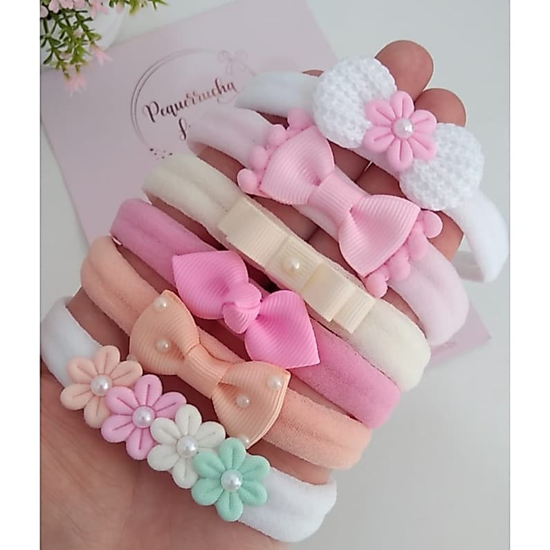 Kit 6 Faixinhas de Cabelo Para Bebê Menina Laço  RN Meia de Seda Confortável Maternidade Enxoval Luxo